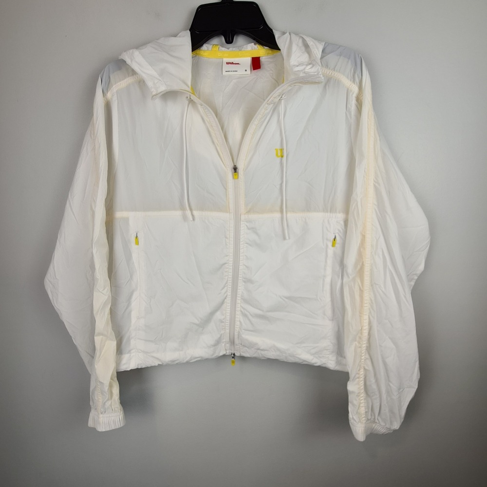 Wilson Womens White Yellow Trim Cropped Windbreaker Hooded Jacket S Lightweight